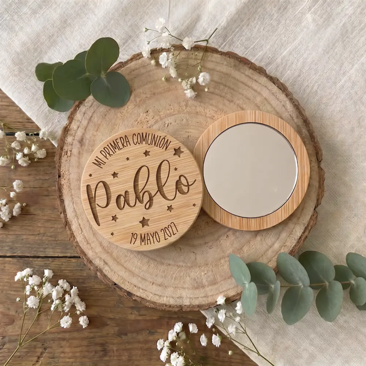 Espejos personalizados para comunión en madera natural, Alegría Estudio