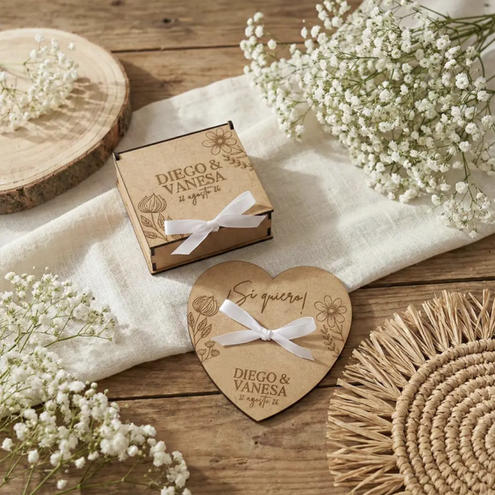 Pack de ceremonia con caja para arras y porta alianzas de madera personalizado.