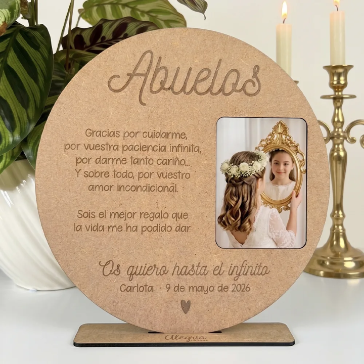 Placa redonda de madera grabada para abuelos con mensaje de agradecimiento, regalo comunión abuelos, Alegría Estudio