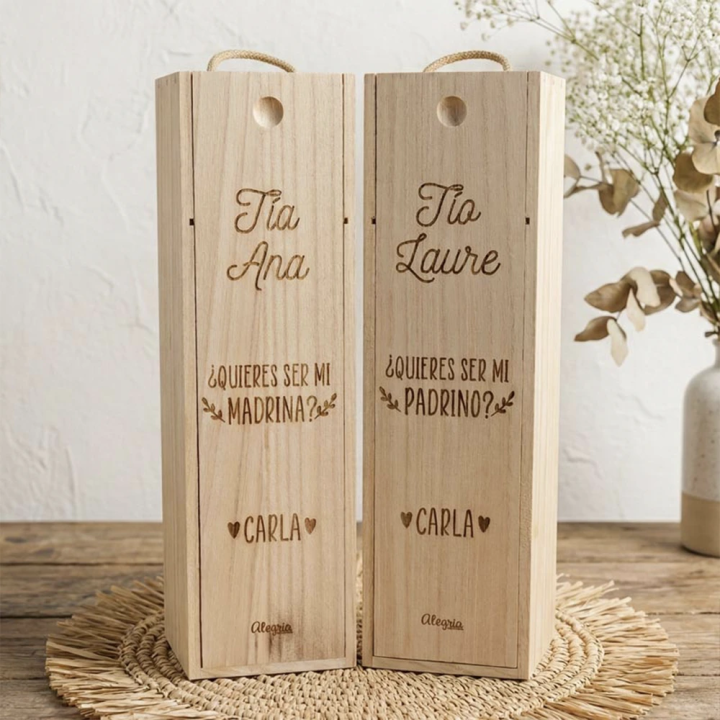 Caja de madera para vino, regalo padrinos boda, regalo personalizado boda, detalle invitados especiales boda, Alegría Estudio
